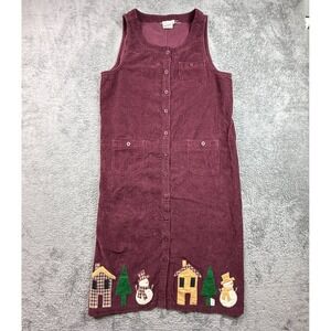 Beverly's XL Womens Corduroy Sleeveless Dress Maroon Button Front Winter Scene